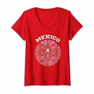 Womens Mexico Aztec Calendar Skull. Playera Calavera Azteca del Tri V-Neck